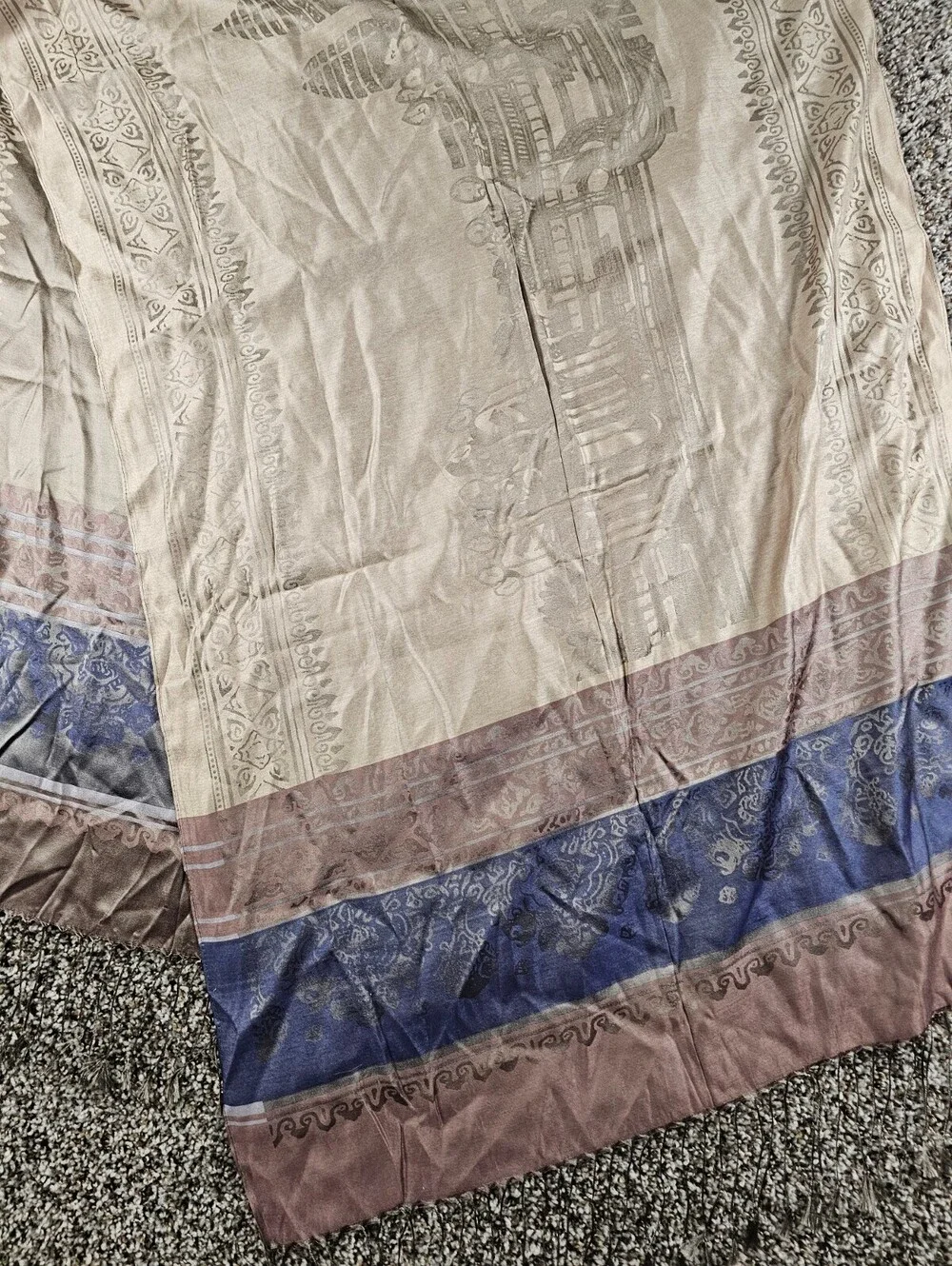 Vintage Cambodian 100% Silk Shawl Scarf Beige Brown Purple Striped Boho
